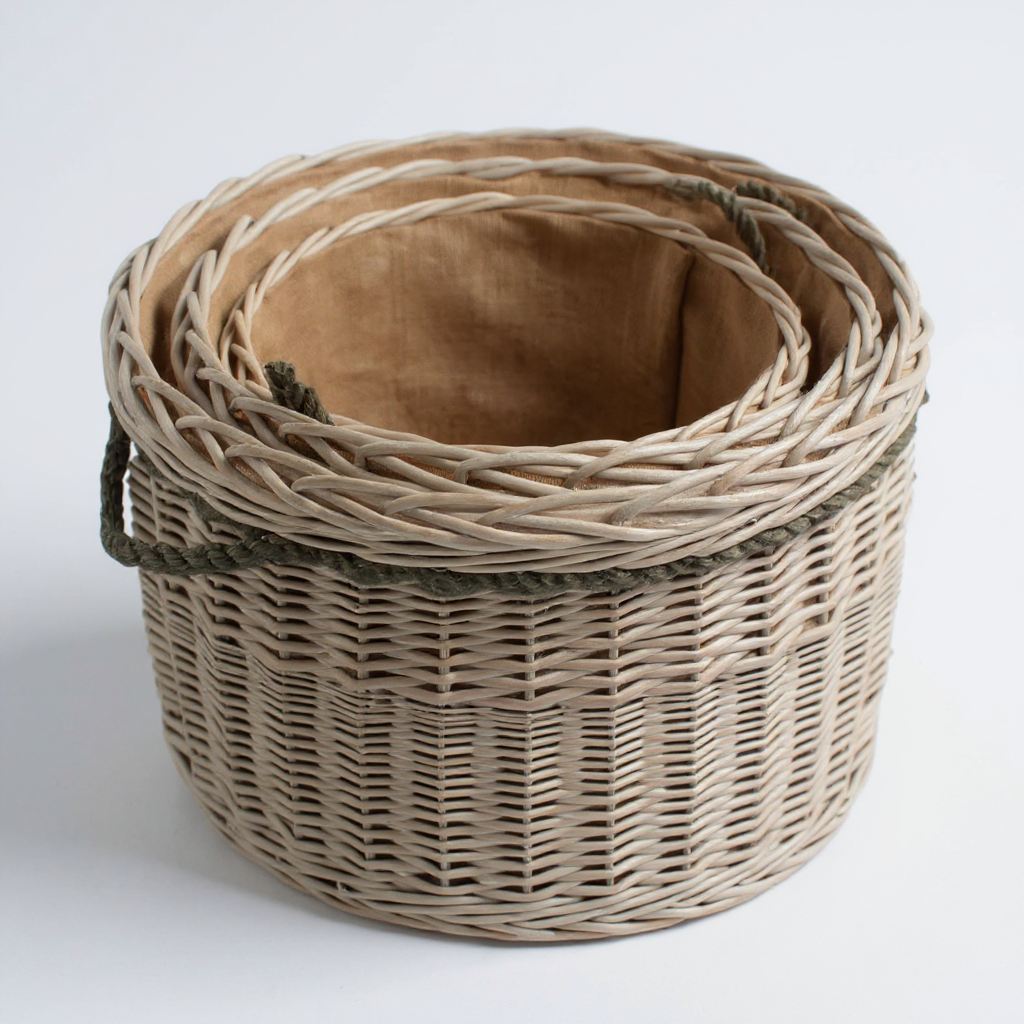 Grey Wash Round Storage Basket Set of 3