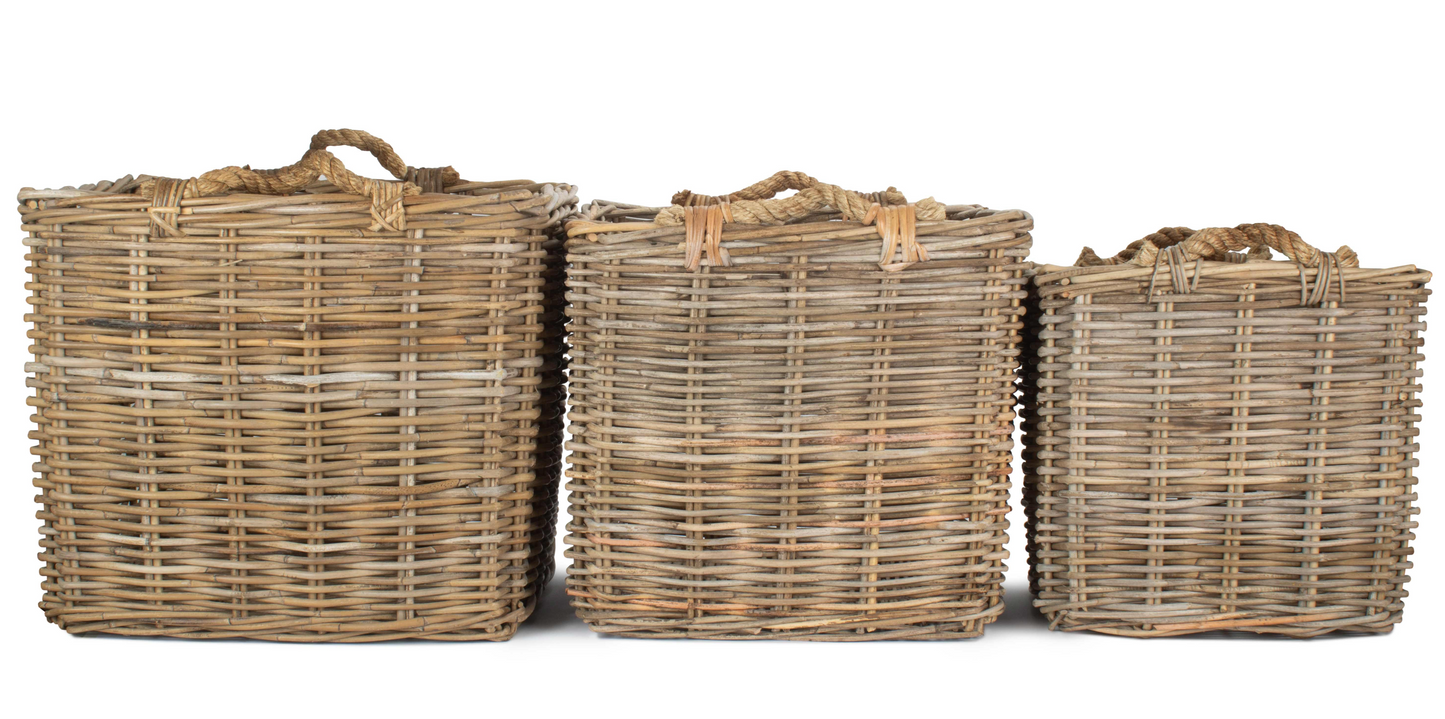 Square Grey Rattan Log Basket Set 3