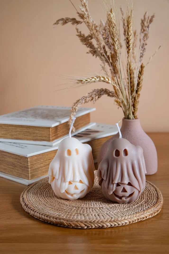 Ghost Pumpkin candles in ivory and taupe