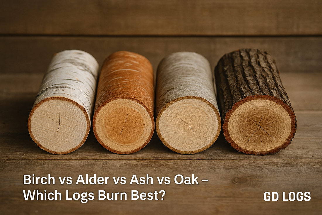 Kiln-dried Birch, Alder, Ash and Oak logs side by side on a wooden surface – premium Ready to Burn firewood from GD LOGS North East.